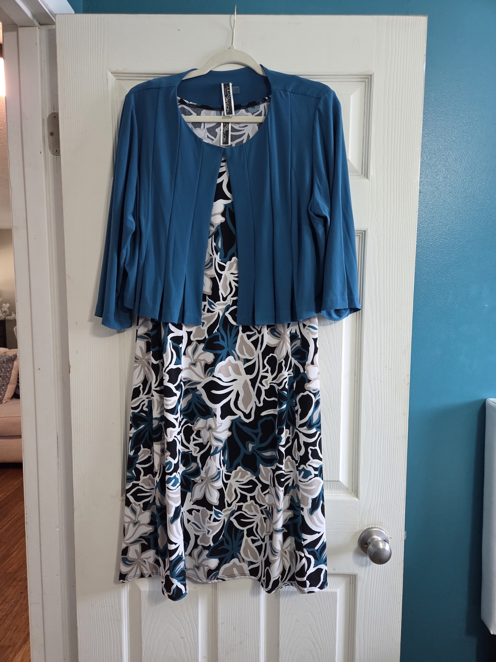 Julian Taylor 2-Piece Jacket Dress Set Teal Floral Print Sleeveless Midi